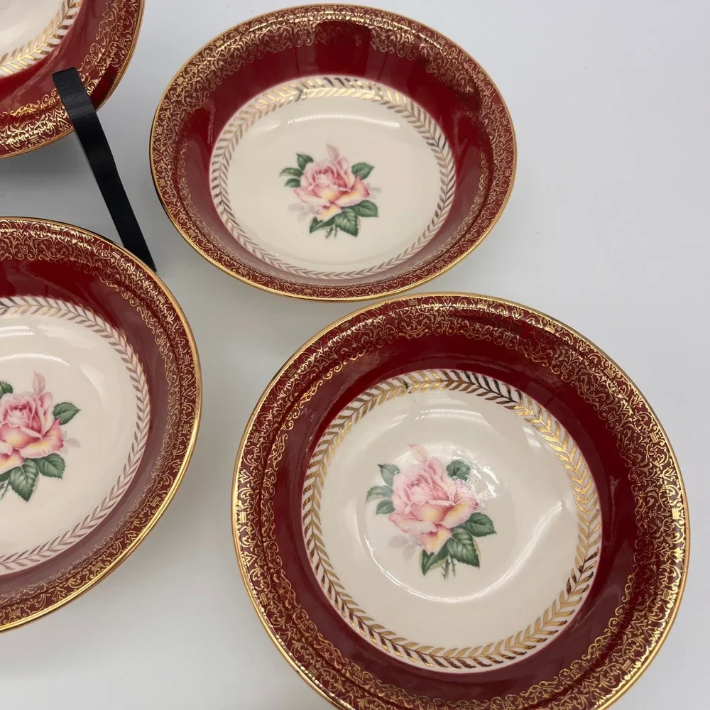 8 Piece Set Homer Laughlin Lady Stratford Berry Bowls Maroon Gold Pink Rose